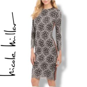 EUC Nicole Miller Black Gray Floral Lace Bodycon Sheath Midi Dress Size 6